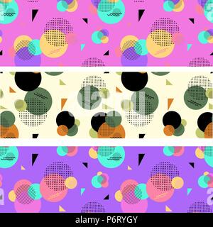 Set di tre astratto banner colorati da cerchi, punti e zig-zag Illustrazione Vettoriale