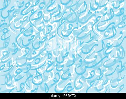 Abstract BlueBackground casuale di lettere arabe con nessun significato particolare. Vettore illustrazione dello sfondo. Illustrazione Vettoriale