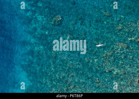 Vista aerea di persone che fanno la pala sul sul mare tropicale. Foto Stock