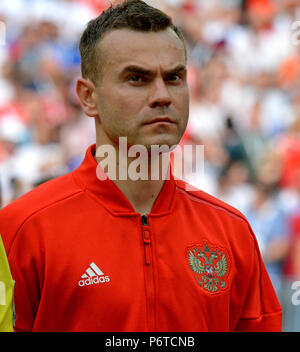 Mosca, Russia - Luglio 1, 2018. Federazione nazionale di calcio portiere Igor Akinfeev prima della Coppa del Mondo FIFA 2018 Round di 16 corrispondono Spagna vs Russia. H Foto Stock