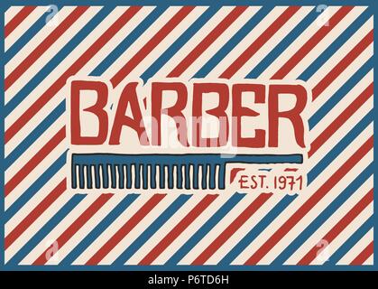 Barberia badge logo etichetta. Hipster emblema per cartello taglio di barba e baffi. Incisi disegnati a mano nel vecchio schizzo vintage. Lettering moderno. Illustrazione Vettoriale