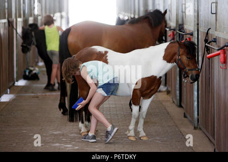 Oberoderwitz, ragazze pulire loro pony su Stallgasse Foto Stock