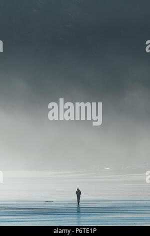 Uomo che cammina nel mare di mattina nebbia a spruzzo su Shi Shi Beach lungo l'Oceano Pacifico nel Parco Nazionale di Olympic, nello Stato di Washington, USA Foto Stock