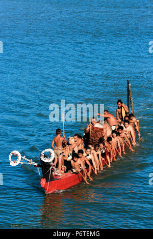 Guerrieri Maori paddling tradizionale Waka taua (canoe da guerra) a Waitangi, Nuova Zelanda Foto Stock