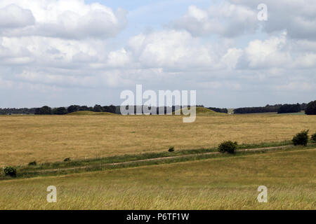 Il paesaggio che circonda il sito di Stonehenge con tumuli in background. Foto Stock