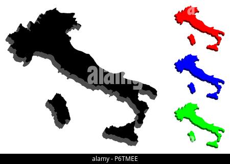 Mappa 3D di Italia (Repubblica Italiana) - nero, rosso, blu e verde - illustrazione vettoriale Illustrazione Vettoriale