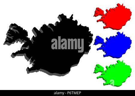 Mappa 3D di Islanda - nero, rosso, blu e verde - illustrazione vettoriale Illustrazione Vettoriale