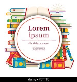 Il design del coperchio con la pila di libri . Scheda rotondo design. Concetto di carta e la pubblicità. Cerchio bianco con posto per il vostro testo. Vettore di piana illustratio Illustrazione Vettoriale