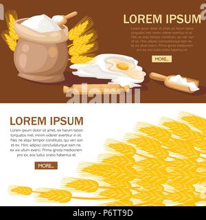 Borsa piena di farina con il mattarello. Tuorlo d'uovo in farina. Spighe di grano con cucchiaio di legno. Illustrazione Vettoriale su sfondo bianco. Bakery concept design fo Illustrazione Vettoriale