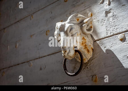 Close up di bianco testa cilindri porta respingente sulla porta di legno Foto Stock