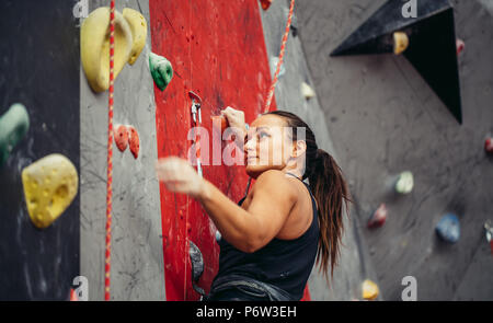 Bella giovane donna forte la scalata su roccia della parete artificiale vista dall'alto. Scalatore femmina assicurato sul cablaggio belaying da amici raggiunge la cima della scogliera Foto Stock