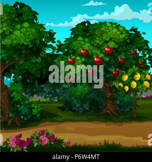 Un giardino con frutti maturi. Vector cartoon close-up illustrazione. Illustrazione Vettoriale