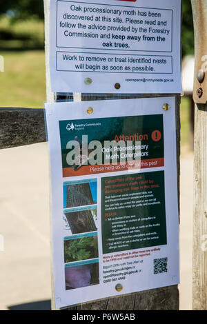 Runnymede, UK. 2 Luglio, 2018. Gli avvisi avvertono il pubblico della presenza della la processionaria della quercia. Foto Stock