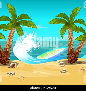 Spiaggia tropicale. Tavola da surf. Vector cartoon close-up illustrazione. Illustrazione Vettoriale