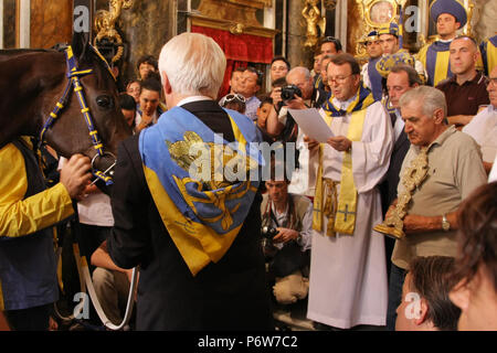 SIENA, Italia - 16 agosto 2008: Benedizione del cavallo prima del Palio di Siena, Italia Foto Stock