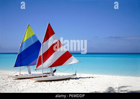 Due latine barche a vela truccate giacciono sulla spiaggia in attesa di un marinaio. Foto Stock