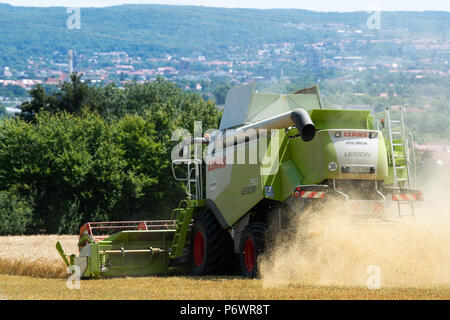 03 luglio 2018, Germania, Goettingen: agricoltore per joint business Holtensen/Lenglern/Parensen, Arnd von Roden, la raccolta di orzo con una mietitrebbia. Il raccolto nel sud della Bassa Sassonia è ora in pieno svolgimento. Foto: Swen Pförtner/dpa Foto Stock