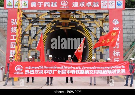 (180703) -- PECHINO, 3 luglio 2018 (Xinhua) -- lavoratori celebrare la scoperta di un tunnel sulla ferrovia China-Laos in Laos" città settentrionale di Muangxay, Oudomxay Provincia, 12 giugno 2018. (Per andare con Xinhua notizia: Come Lancang-Mekong cooperazione sta cambiando la regione) (Xinhua/Liang Wendong) (jmmn) Foto Stock