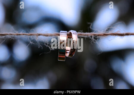 Oro due anelli di nozze appeso a una fune su uno sfondo di palme. close-up, Wedding, il vincolo del matrimonio Foto Stock