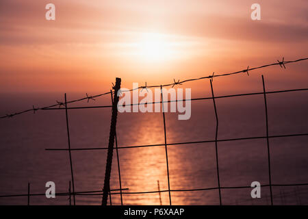 Filo spinato con il tramonto sul mare su uno sfondo. Il paesaggio dell'isola greca di Zante Foto Stock