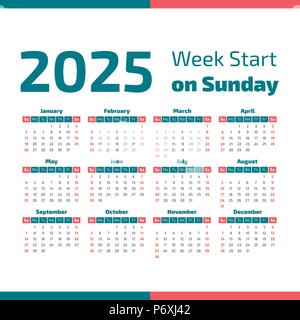 Semplice 2025 Calendario dell'anno, settimana comincia la domenica Illustrazione Vettoriale
