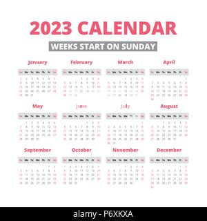 Semplice 2023 Calendario dell'anno, settimana comincia la domenica Illustrazione Vettoriale