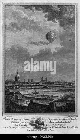 1a palloncino umana ascensione; palloncino con Pilatre de Rozier e il Marchese d'Arlandes sopra Parigi. Nov. 1783 Foto Stock