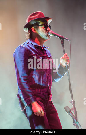 Mark Oliver Everett di anguille in esecuzione al Brixton Academy di Londra sud. Stampa foto di associazione. Picture Data: lunedì 2 luglio 2018 Foto Stock