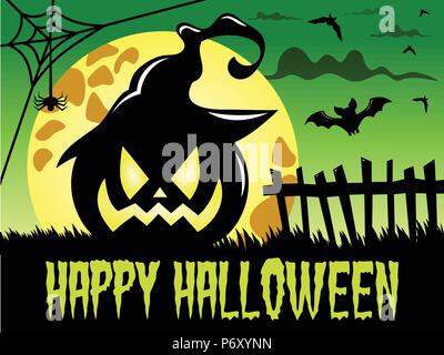 Happy Halloween sfondo con grande zucca con witch hat contro grandi luna piena Illustrazione Vettoriale