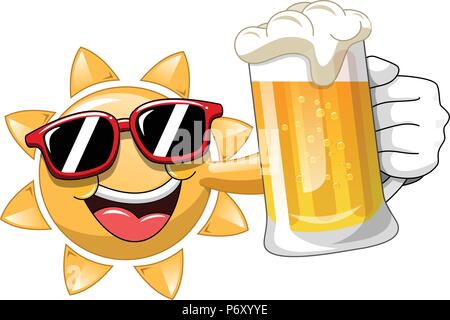 Happy Cartoon Sun bere birra isolato Illustrazione Vettoriale