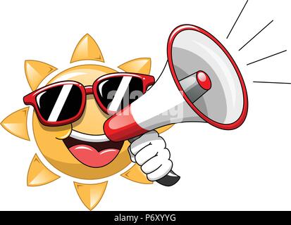 Cartoon Sun indossando occhiali da sole e parlando con il megafono isolato Illustrazione Vettoriale