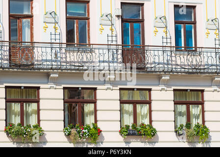 Particolare di finestre e balcone con splendidi fiori , modello di finestre e balconi in un edificio moderno. Foto Stock