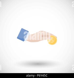 Donazione e carità piatto icona Vettore, design piatto di mano dando una moneta - prestito, generosità, aiuto o icona di raccolta fondi con ombra rotonda isolata su th Illustrazione Vettoriale