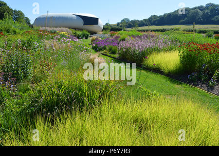 Hauser & Wirth, Oudolf campo disegnato da Piet Oudolf. Vista su prato perenne al Padiglione Radić, progettato dall architetto cileno Smiljan Radić Foto Stock