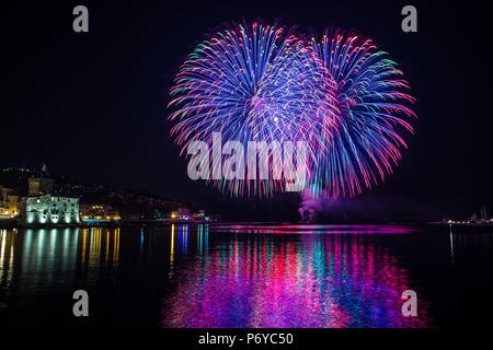 Fuochi d'artificio colorati di vari colori nel cielo di notte / notte speciale con particolari fuochi d'artificio / bellissimi fuochi d'artificio nella notte buia Foto Stock