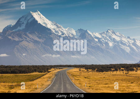 Nuova Zelanda, isola del sud, Canterbury, Aoraki-Mt. Cook National Park, Mt. Il cuoco e l'autostrada 80 Foto Stock