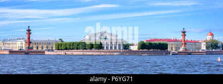 Panorama del fiume Neva con la Borsa, San Pietroburgo, Russia Foto Stock