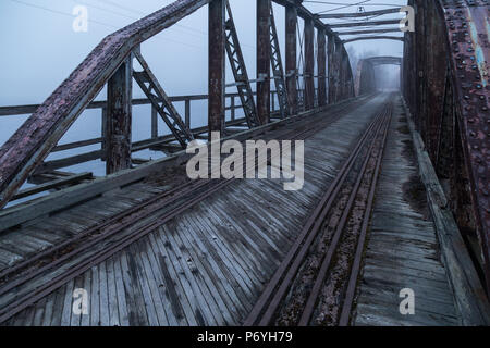 Vecchio, abbandonato ponte ferroviario in misty luce della sera Foto Stock