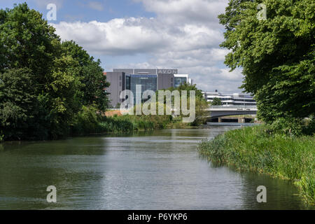 Il fiume Nene che scorre attraverso la Festa di mezza estate prato, Northampton, Regno Unito; con la sede centrale di Avon Cosmetics e il Waterside Campus in distanza. Foto Stock