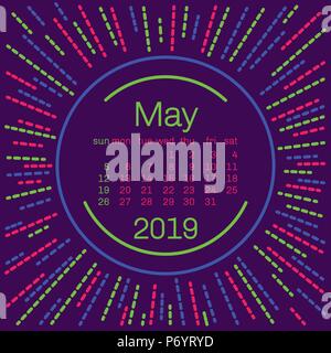 2019. Pagina MayCalendar in memphis style poster per concept design tipografia, schermo piatto a colori. Settimana comincia la domenica Illustrazione Vettoriale