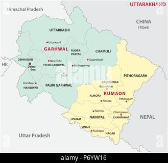 Uttarakhand politica e amministrativa di divisione mappa vettoriale Illustrazione Vettoriale