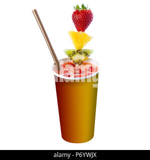 Frullato di fragole con paglia e guarnita con frutta fresca isolato Foto Stock