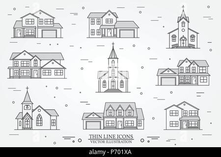 Set di linea sottile icona americana suburbana case e chiese. Per il web design e applicazione di interfaccia, utile anche per infographics. Illustrati del vettore Illustrazione Vettoriale