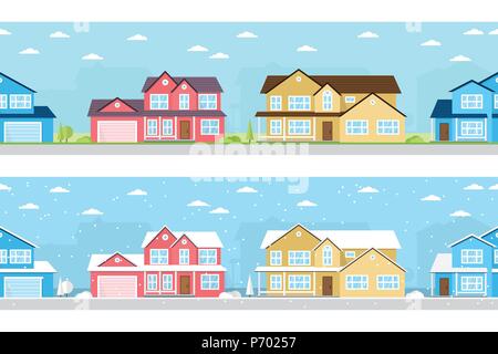 Quartiere senza soluzione di continuità con le abitazioni in inverno e in estate. Illustrazione Vettoriale. Illustrazione Vettoriale