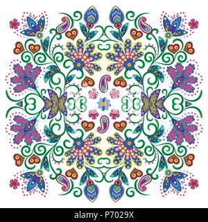 Bella tovaglia etnici Indiani fiori. Bellissimo ornamento del vettore. Scheda, bandana stampa, fazzoletto, design igienico. Rosa pastello blu beige modello ornati in bianco. Pronto per la stampa. Illustrazione Vettoriale