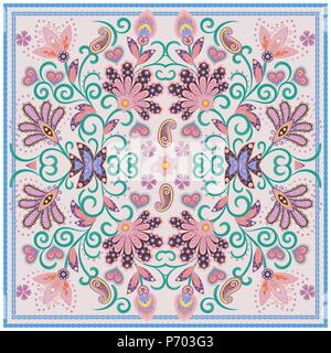 Bella tovaglia etnici Indiani fiori. Bellissimo ornamento del vettore. Scheda, bandana stampa, fazzoletto, design igienico. Rosa pastello blu beige modello ornati in bianco. Pronto per la stampa. Illustrazione Vettoriale