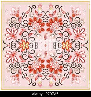 Bella tovaglia etnici Indiani fiori. Bellissimo ornamento del vettore. Scheda, bandana stampa, fazzoletto, design igienico. Rosa pastello blu beige modello ornati in bianco. Pronto per la stampa. Illustrazione Vettoriale