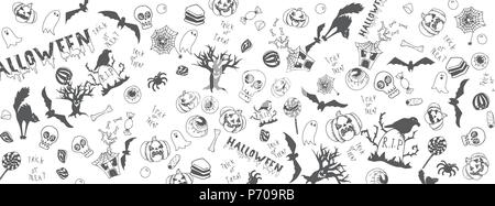 Halloween divertente doodle vettore completo banner di grandi dimensioni Illustrazione Vettoriale