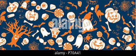 Halloween divertente doodle vettore completo banner di grandi dimensioni Illustrazione Vettoriale