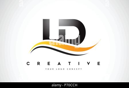 LD L D Swoosh Lettera Logo Design con moderne Swoosh giallo Linee curve illustrazione vettoriale. Illustrazione Vettoriale